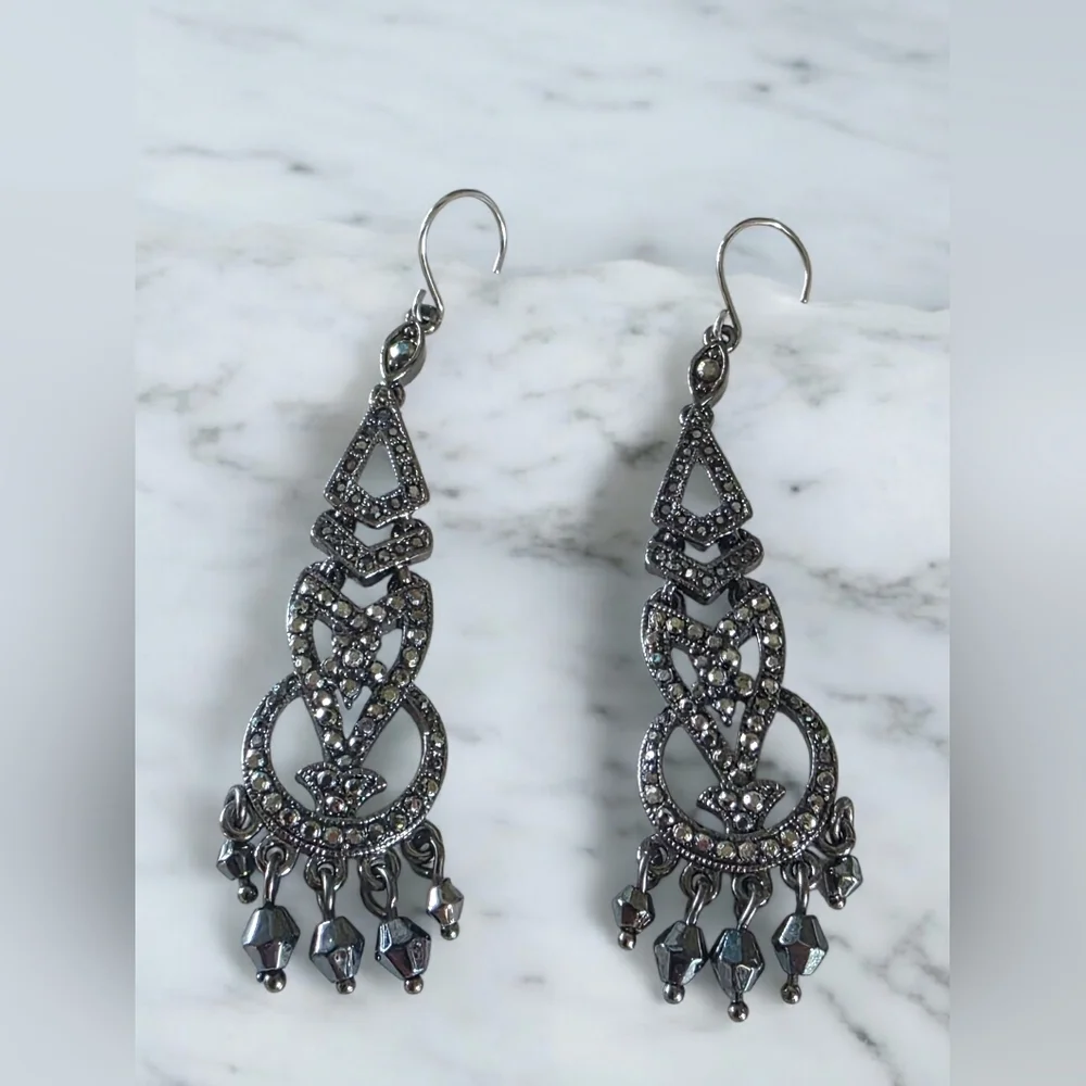 Vintage Monet Silver Tone Rhinestone Dangle Earrings